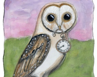 Barn Owl Art Print: Surreal Bird Portrait with Broken Watch (6x8)
