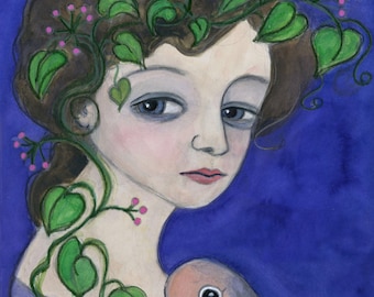 Peace Dove Fine Art Print: Edwardian Woman Illustration (6x8) Holding Peace Portrait