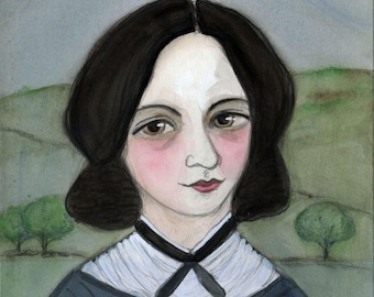Emily Bronte Art Print, Wuthering Heights Author Portrait (6x8) Victorian Writer Illustration