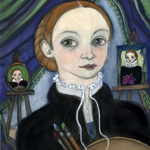 May include: A painting of a woman artist holding a palette and paintbrushes. She is wearing a black dress with a white lace collar and has red hair. There is a painting of a young boy on an easel behind her.