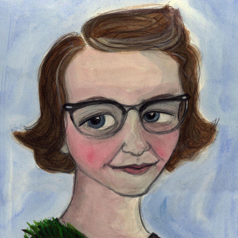 Flannery O'Connor Art Print, Literary Portrait (6x8) Southern Gothic Writer, A Good Man is Hard to Find. Flannery OConnor with Peacock Feather.Cropped)