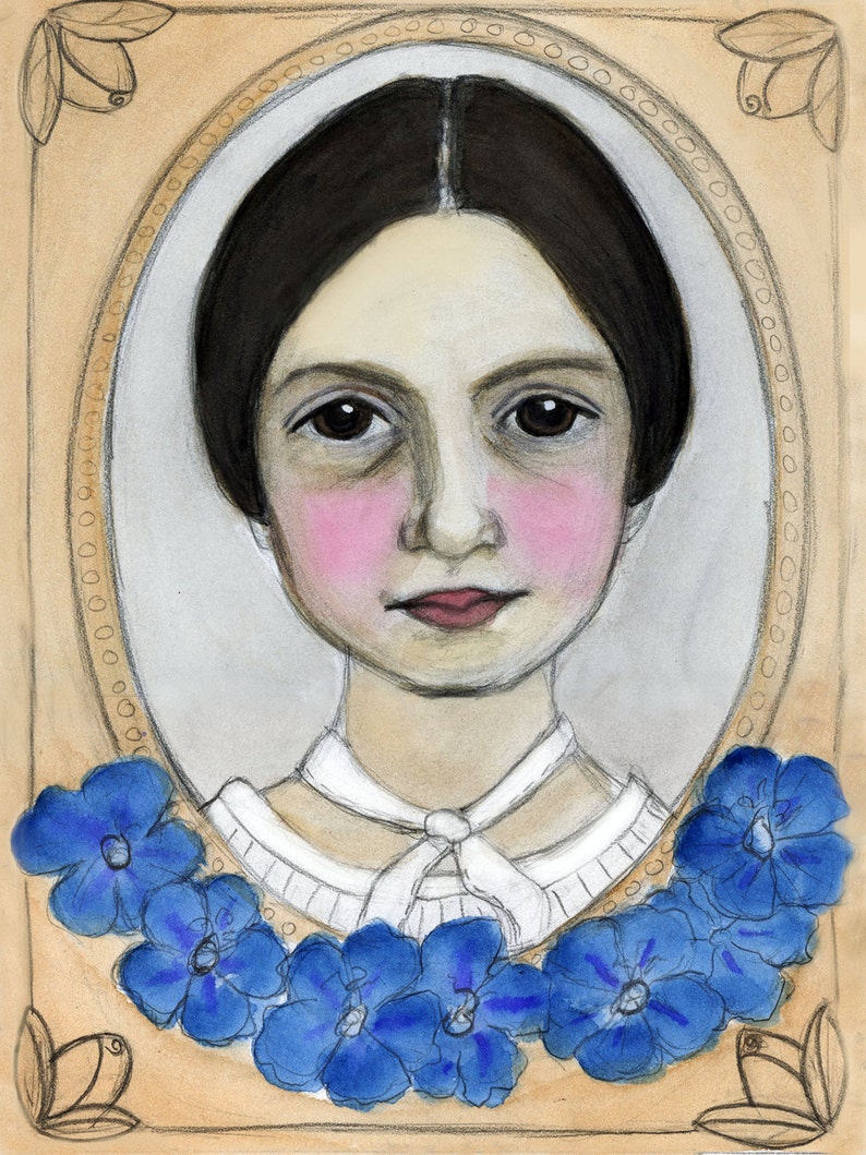 Illustrated Portrait of Emily Dickinson Art Print, Literary Portrait, 19th Century American Poet (6x8) Poet Emily Dickinson Portrait Painting
