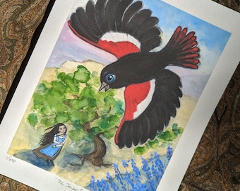 The Juniper Tree Art Print, Grimm's Fairy Tale Illustration, German Folktale (6x8) Flying Bird Art