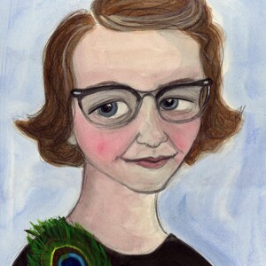Flannery O'Connor Art Print, Literary Portrait  (6x8) Southern Gothic Writer wearing Peacock Feather.