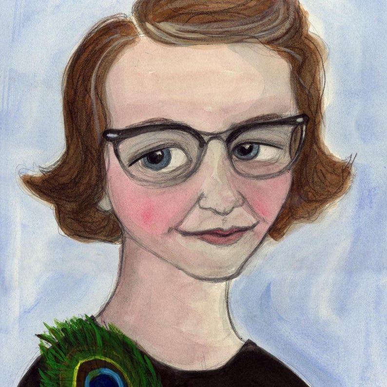 Flannery O'Connor Art Print, Literary Portrait  (6x8) Southern Gothic Writer wearing Peacock Feather.