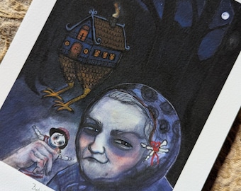 Baba Yaga Art Print: Dark Forest Witch Crone Portrait Illustration (6x8) Slavic Folktale