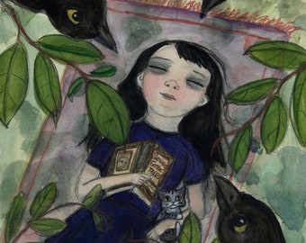 Goth Girl Dreaming, A Gothic Tale Art Print, Raven Illustration, Girl Reading illustration,  Dark Academia Portrait (6x8) Cat illustration