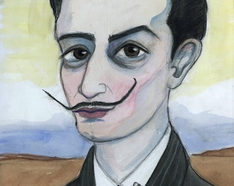 Salvador Dali Art Print, Famous Surrealist Portrait (6x8) Dali Portrait, Surrealist Melting Clock Art, The Persistence of Dali