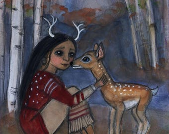 Deer Woman Art Print: Native American Folktale Illustration (6x8)