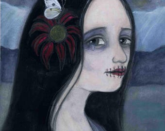 Greek Mythology Art Print (6x8), Miseria Goddess of Depression and Anxiety (6x8)  Miseria in Silence, woman with stitched lips art.