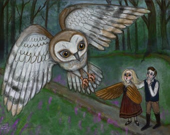 Grimm's Fairytale Art Print: Jorinda and Joringel Illustration, Witch Owl Portrait