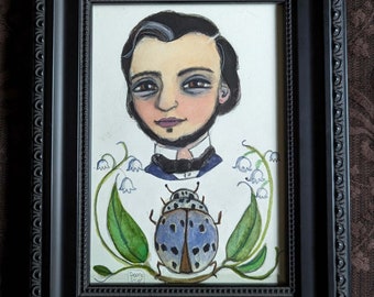 Lily Bug, Original Framed Watercolor Painting, Victorian Gentleman Portrait with Lilies and Grey Ladybug