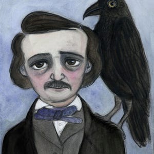 Edgar Allan Poe Fine Art Print: Victorian Gothic Writer&#39;s Portrait with Raven (6x8) Dark Academia Edgar and the Raven