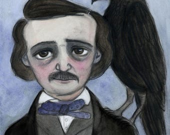 Edgar Allan Poe Art Print: Gothic Portrait with Raven (6x8) Limited Edition