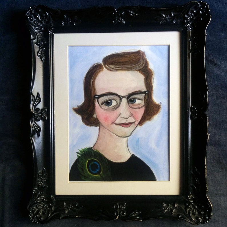 Flannery OConnor Art Print, Literary Portrait  (6x8) Southern Gothic Writer wearing Peacock Feather. (Frame not included)