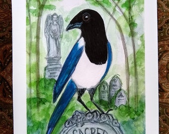 Magpie Art Print, Victorian Portrait, Goth Cemetery (6x8) Graveyard Illustration, Bird Art, Goth Bird Portrait, Good Luck Symbol