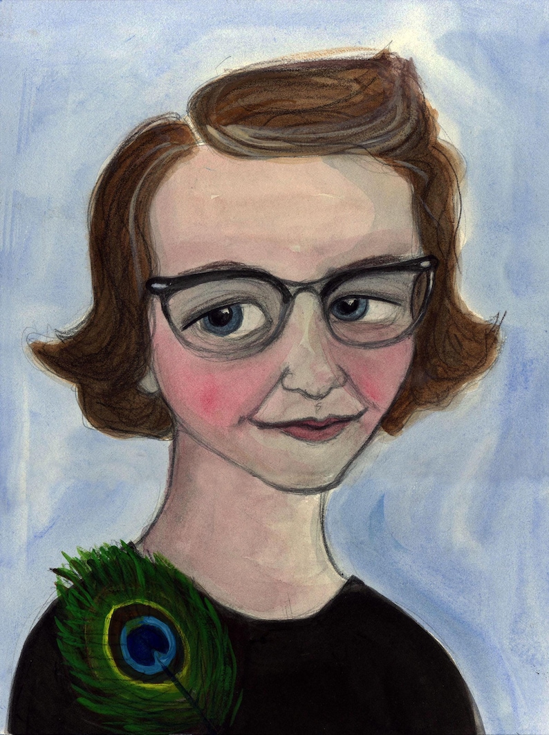 Flannery O'Connor Art Print, Literary Portrait (6x8) Southern Gothic Writer, A Good Man is Hard to Find. Flannery O'Connor with Peacock Feather.