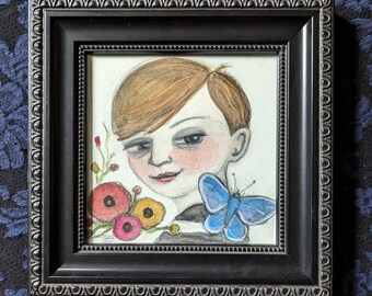 Original Framed Painting, The Butterfly Boy, 5x5, Tiny Portrait