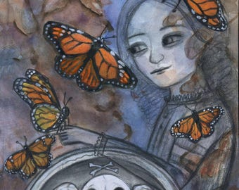Gothic Graveyard Butterfly Art Print, Watercolor Ghost Portrait Illustration (6x8)