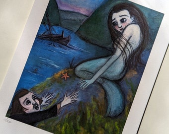 The Lorelei Art Print, German Folktale Illustration, (6x8) Mermaid Portrait, Siren Illustration