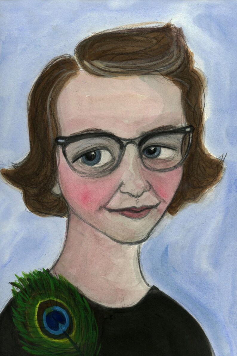 Flannery OConnor Art Print, Literary Portrait (6x8) Southern Gothic Writer, A Good Man is Hard to Find. Flannery OConnor with Peacock Feather.