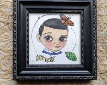 The Stages, Small Framed Original Watercolor Painting (5x5), Victorian Boy with Butterfly Portrait