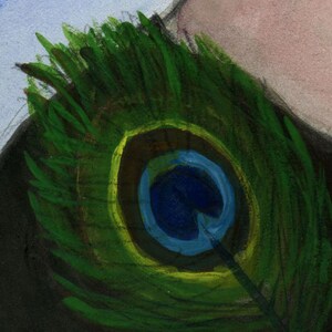 Flannery OConnor Art Print, Literary Portrait (6x8) Southern Gothic Writer, A Good Man is Hard to Find. Flannery OConnor with Peacock Feather. (closeup)