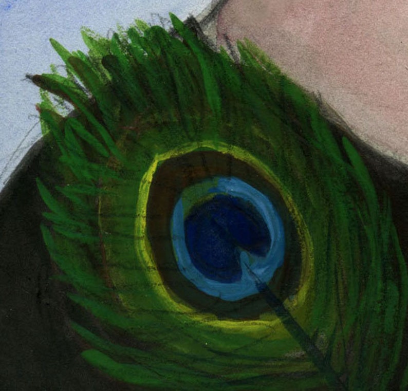 Flannery OConnor Art Print, Literary Portrait (6x8) Southern Gothic Writer, A Good Man is Hard to Find. Flannery OConnor with Peacock Feather. (closeup)
