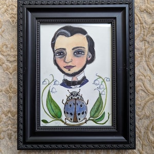 Lily Bug Portrait: Framed Watercolor Painting, Victorian Entomologist Art (5x7)