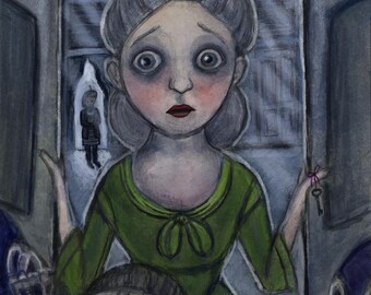 Bluebeard's Ghost Art Print: Gothic Folktale Illustration (6x8) Skeleton's in Closet