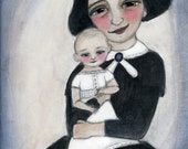 Victorian Mother and Child Portrait, 19th Century Goth Mother, Cute Baby Art, Watercolor Illustration (6x8) Victorian Goth Nursery
