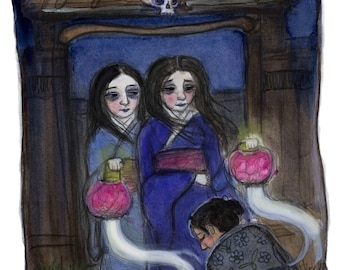 Peony Lantern Art Print: Japanese Ghost Story (6x8) Gothic Samurai Illustration