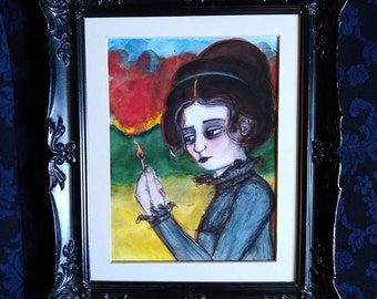 Portrait of Fire, The Four Earth Elements, Waiting with the Ashes, Burning Match Art, Victorian Portrait Painting (6x8) Climate Change Art