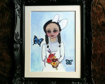 Butterfly Girl Art Print (6x8) Blue Butterfly Art, Nursery Room Art, Cute Black Girl Art Portrait, Girl with flowers Art