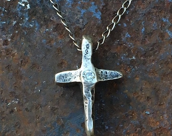 Cast Silver Cross with Flush-set Diamond