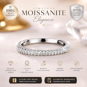 May include: A silver ring with a band of small, sparkling stones. The ring is set against a soft background with text that reads "Timeless Moissanite Elegance." Additional text highlights features like "Brilliant Diamond-Like Sparkle" and "Luxury Gift Ready."