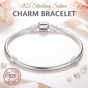 Könnte beinhalten: Ein silbernes Charm-Armband mit Schlangenkettendesign. Das Armband hat einen rechteckigen Verschluss mit der Markierung "S925". Der Text "925 Sterling Silver CHARM BRACELET" und ein "REAL STERLING SILVER" Siegel sind ebenfalls vorhanden.