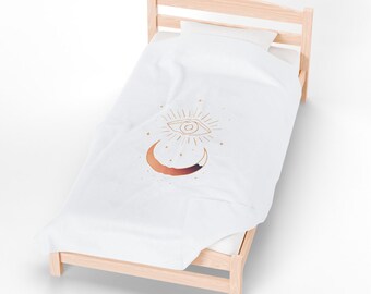 Mystisches Auge Halbmond Decke | Himmlischer Boho Überwurf, Plüsch Samt gemütliche Bettwäsche, spirituelle Wohnkultur, mystische Geschenkidee