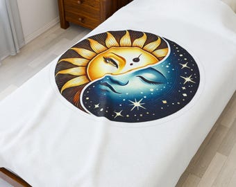 Sonne und Mond Gesicht Samt Plüschdecke | Himmlischer Nachthimmel Überwurf | Weiche, gemütliche Astrologie-Bettwäsche | Mystische Boho Cosmic Decke