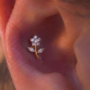 Può includere: Un piercing per orecchio color oro a forma di fiore con stelo e due foglie. Il fiore è composto da cinque pietre rotonde trasparenti, mentre le due foglie sono realizzate con pietre trasparenti taglio marquise, il tutto montato su metallo dorato.
