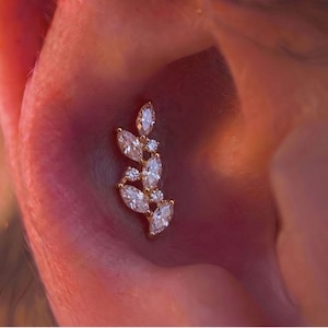 May include: A gold-toned ear piercing jewellery piece featuring a cluster of marquise-cut and round-cut clear stones arranged in a leaf-like pattern. The decorative element is secured within the conch area of the ear, showcasing a metallic finish.