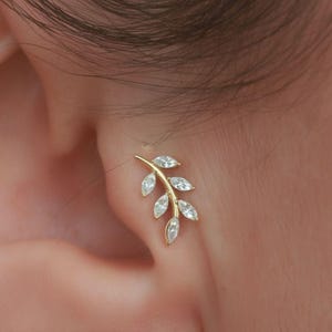 Marquise CZ Leaf Ear Climber, Helix Earring, Titanium Cartilage Stud, Flat Back, Tragus Earring, Conch Earring, Gift for Her