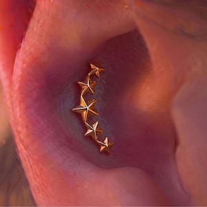 Könnte beinhalten: Ein goldfarbenes Ohrknorpel-Piercing mit einer geschwungenen Reihe aus fünf miteinander verbundenen sternförmigen Anhängern. Die Sterne sind in einem abgestuften Bogen angeordnet, wobei der größte Stern in der Mitte sitzt und kleinere Sterne zu beiden Enden des gebogenen Metallstabs hin schmaler werden.