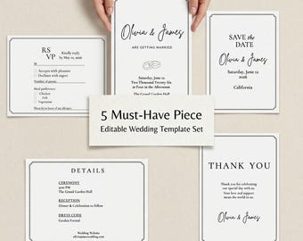Editable Minimal Wedding Invitation Set, Modern Simple Canva Template, Save the Date, RSVP, Details Card, 5 Piece Set