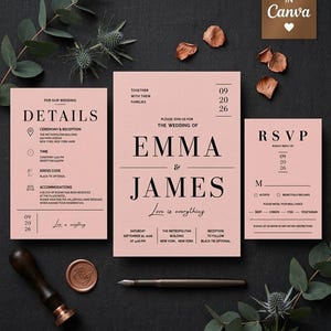 Luxury Blush Pink Wedding Invitation Set (3-in-1) | Editable Canva Template | Instant Download