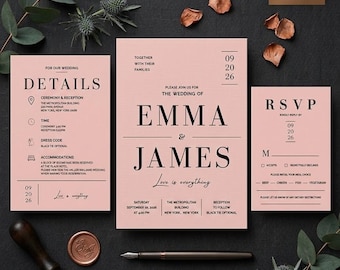 Blush Pink Wedding Invitation Suite, Modern Editorial Canva Template (Digital Download)