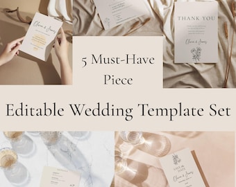 Paquete de plantillas para invitaciones de boda botánicas, conjunto minimalista para bodas, descarga editable en Canva, tarjeta de "Reserva la fecha", tarjeta de confirmación de asistencia, juego de 5 piezas