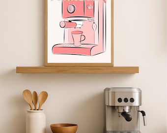 Espresso Maschine Kunstdruck, Rosa Kaffee Bar Dekor (Digitaler Download)