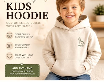 Felpa con cappuccio personalizzata ricamata per bambini, felpa con nome personalizzato, ricamo del giocattolo preferito, felpa con dinosauro, felpa con trattore, regalo di compleanno per bambini piccoli