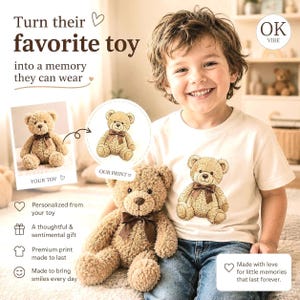 Camiseta personalizada para niños con diseño de juguete, camiseta personalizada con estampado de peluche, camiseta con el juguete de peluche favorito, regalo personalizado de osito de peluche para niños.